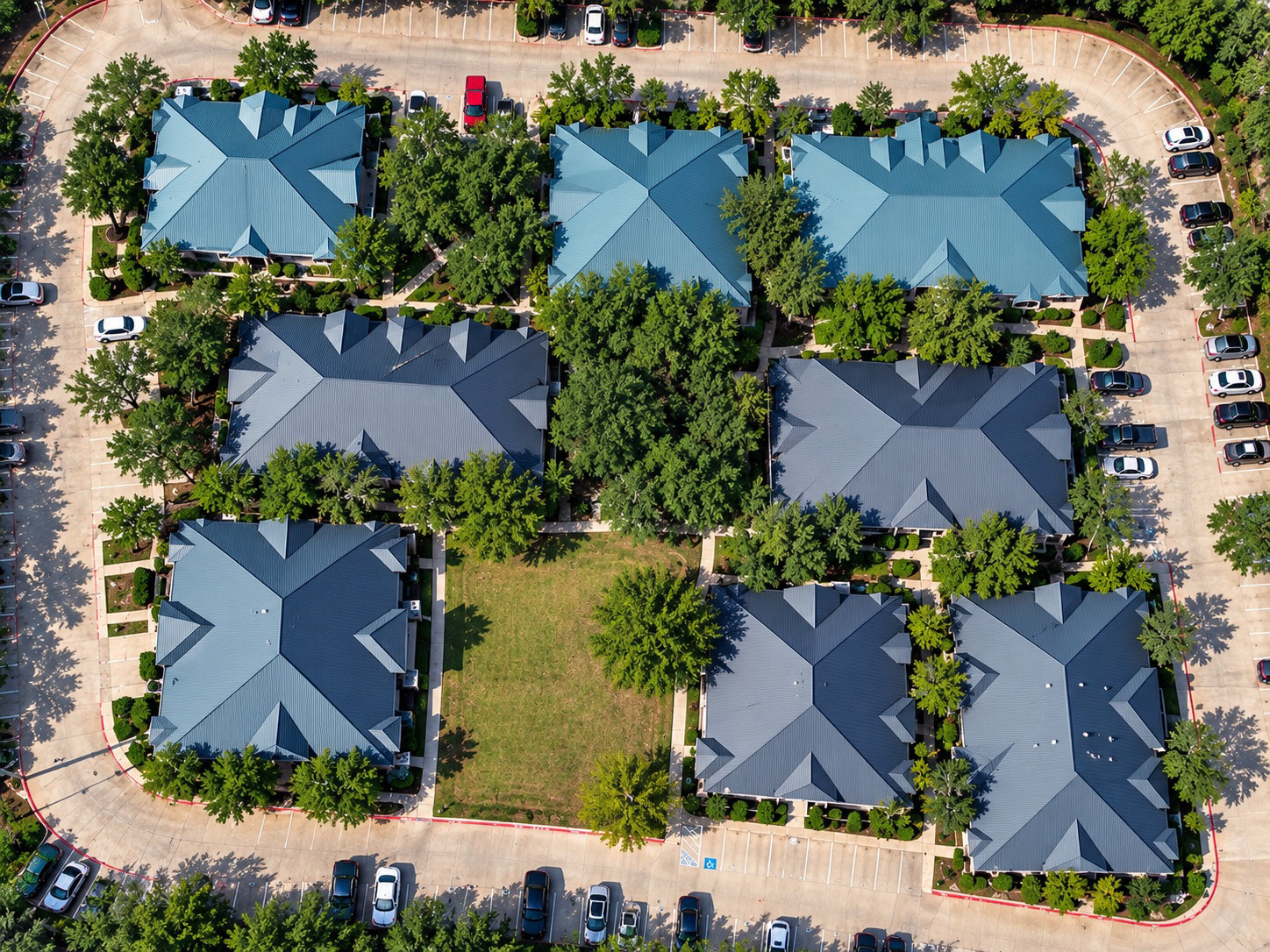 Aerial view of an 8-building commercial property serviced by Firehouse Property Works