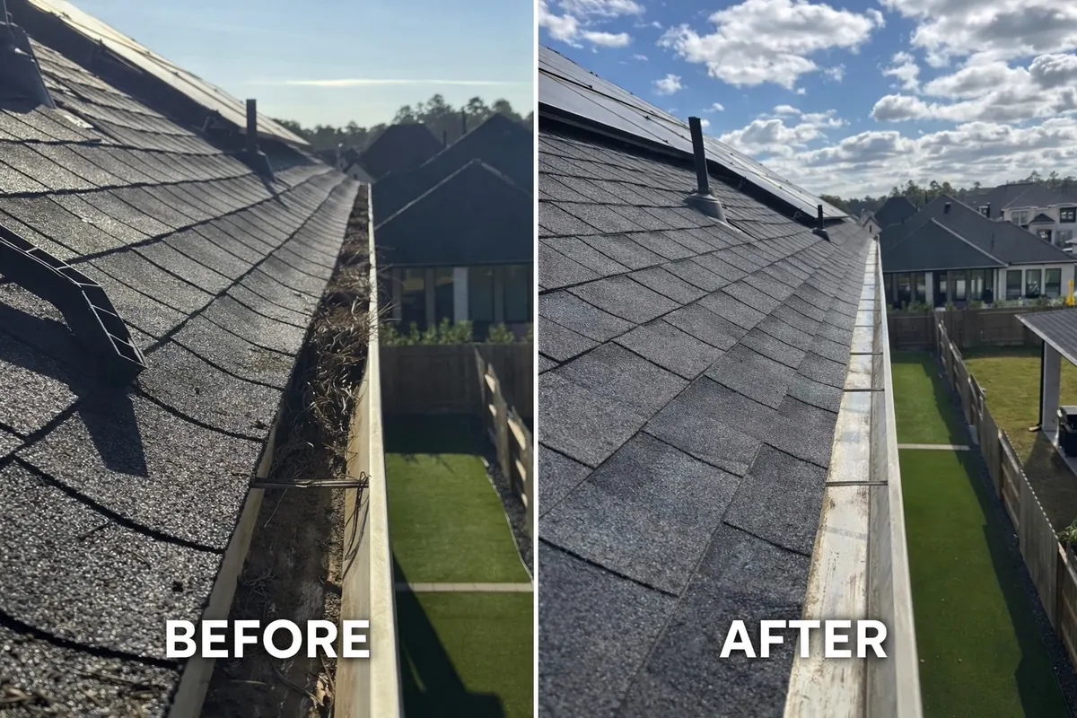 Before and after of a debris-filled gutter along a shingle roofline, then cleaned out