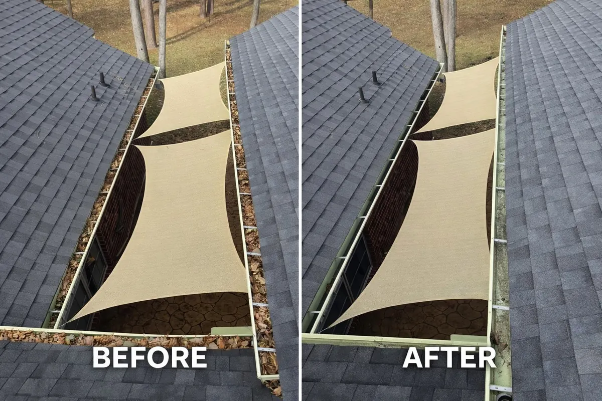 Before and after of leaf-filled gutters around a roof courtyard, then cleaned out