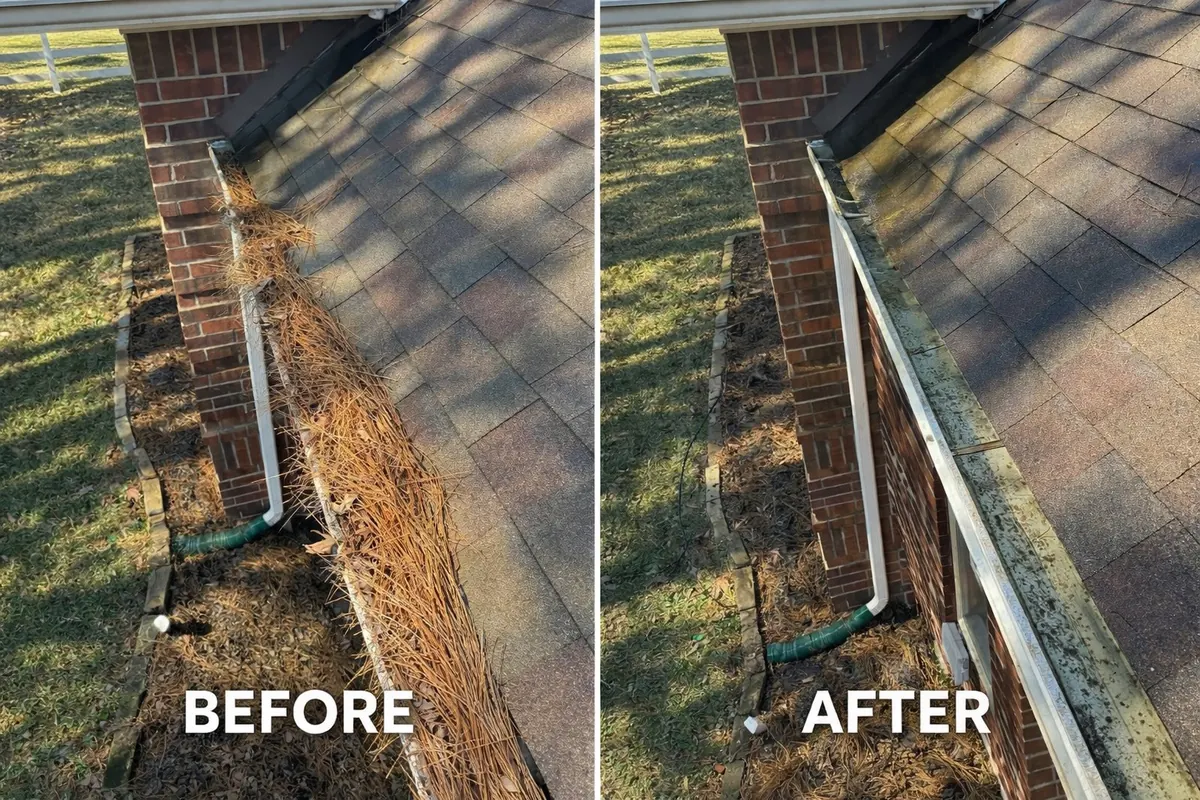 Before and after of a roof gutter packed with pine needles beside a brick wall, then cleared out