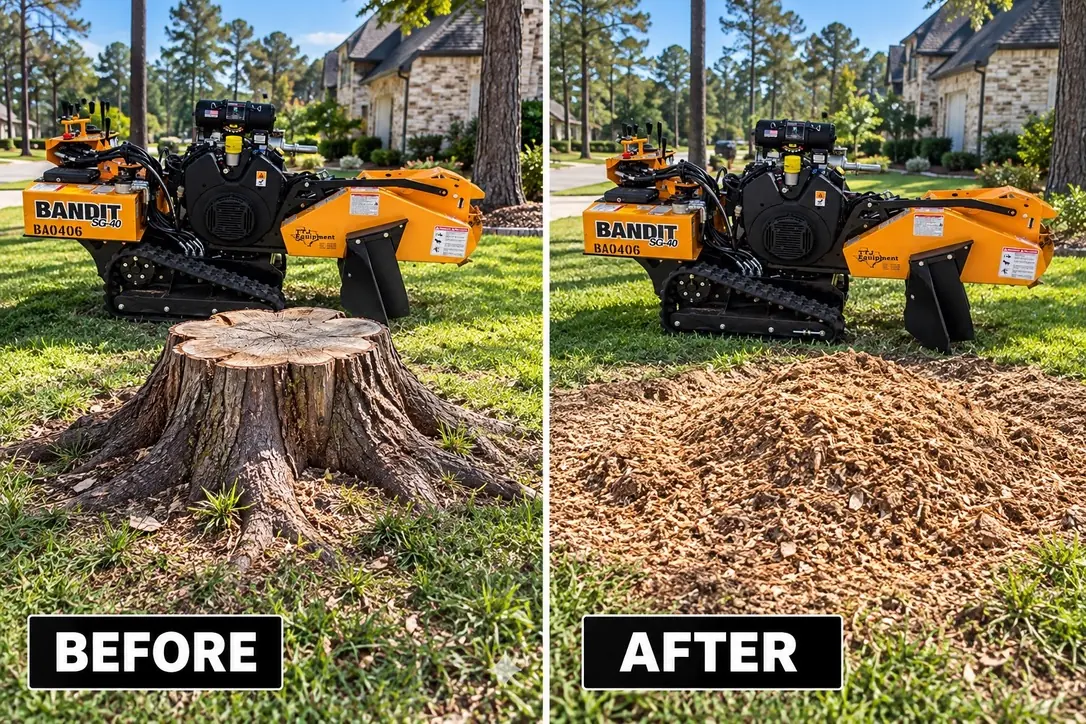 Before and after of a tree stump beside a stump grinder, with the stump replaced by a pile of wood grindings